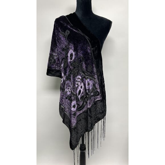 Black Purple Velvet Burnout Fringe Shawl Scarf Witchy Whimsigoth Wrap Silk - Picture 1 of 10
